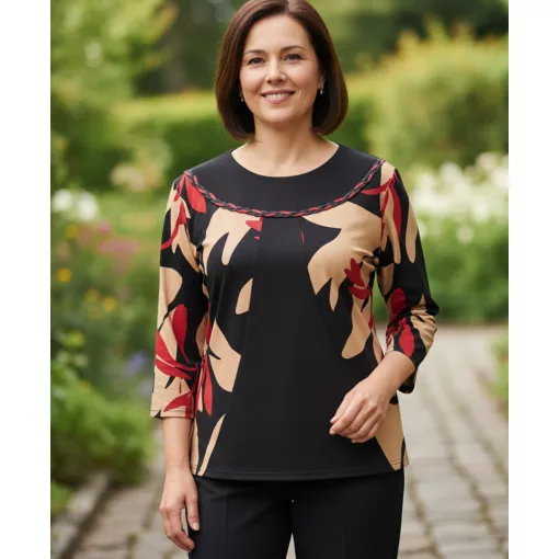 Barna-bordó-fekete színű mintás, selymes anyagú felső  42-48