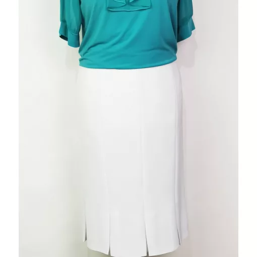 Fehér színű, selyembéléses, harang formájú, hátul gombos, cipzáras alkalmi szoknya 42-54