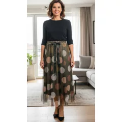   Muszlin rátétes, sötétzöld-barna színű, pöttyös mintás szoknya XL/2XL