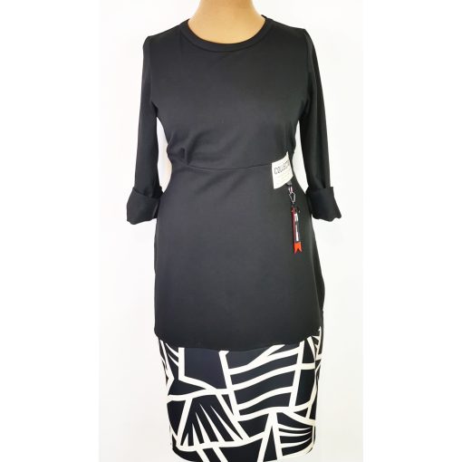 Kerek nyakú, hosszú ujjú, zsebes, fekete alapon bézs mintás, pamutos anyagú ruha 44-54