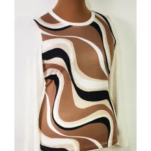 Kerek  nyakú, hátul fehér, elől fehér alapon, barna-fekete színű mintás, selymes anyagú felső L-4XL