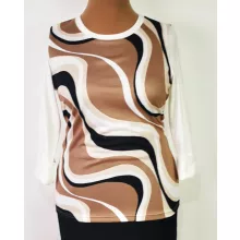 Kerek  nyakú, hátul fehér, elől fehér alapon, barna-fekete színű mintás, selymes anyagú felső L-4XL