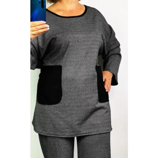 Zsebes, pepita mintás, vastagabb, pamutos anyagútunika felső 2XL/4XL