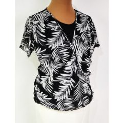   Fekete alapon, fehér színű mintával díszített, muszlin rátétes, selymes, rugalmas anyagú felső 42-52