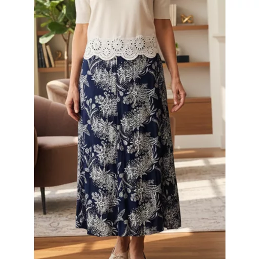 Gumis derekú, 6 cikkes, sötétkék alapszínen, fehér színű mintás szoknya 3XL/5XL